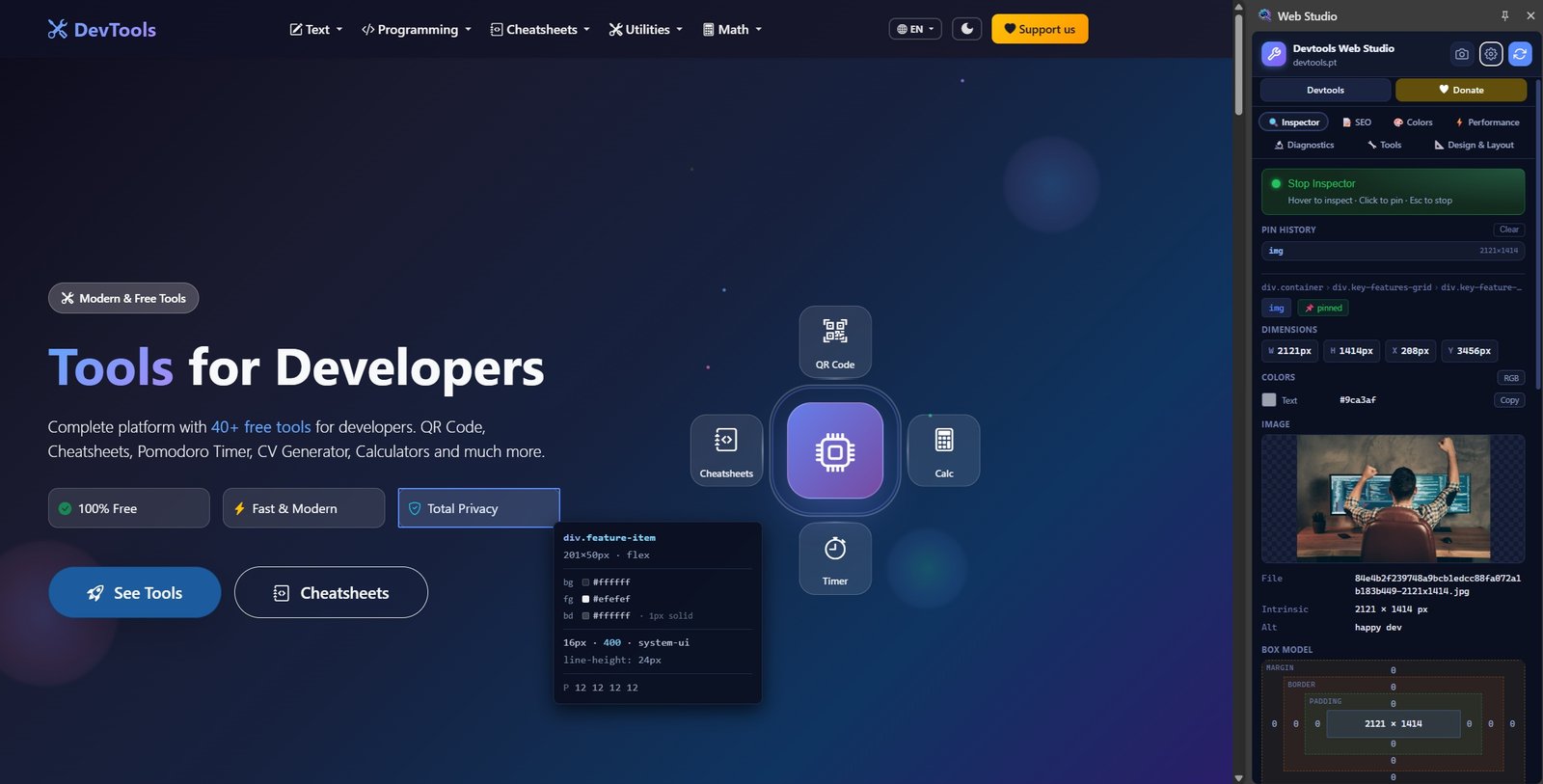 Web Studio Inspector: painel lateral em ação